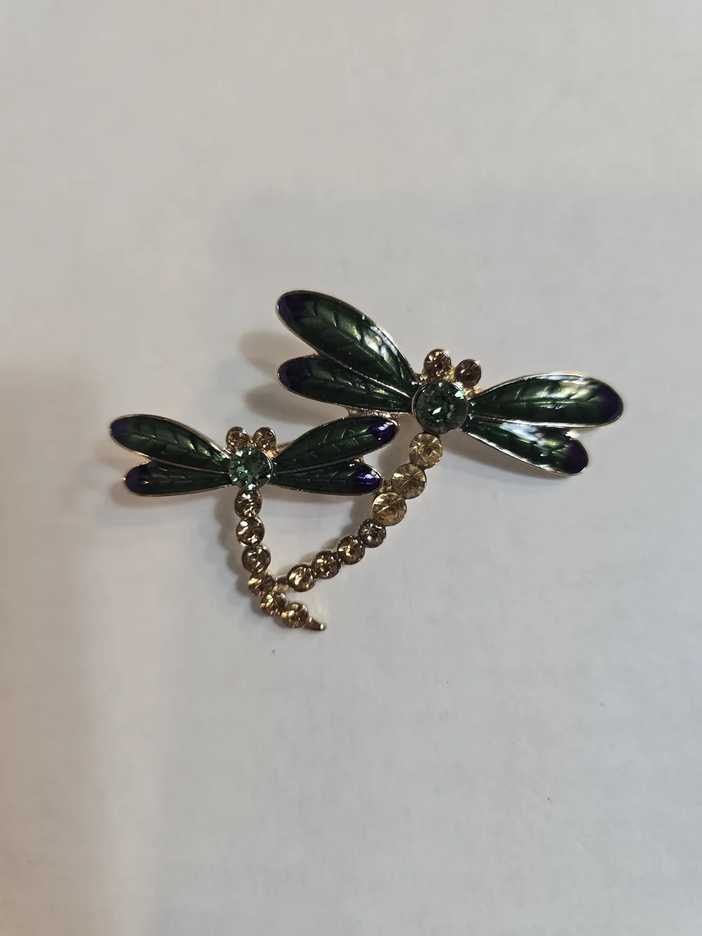 Green Crystal Dragonfly Duo Brooch - Gold Tone Accent